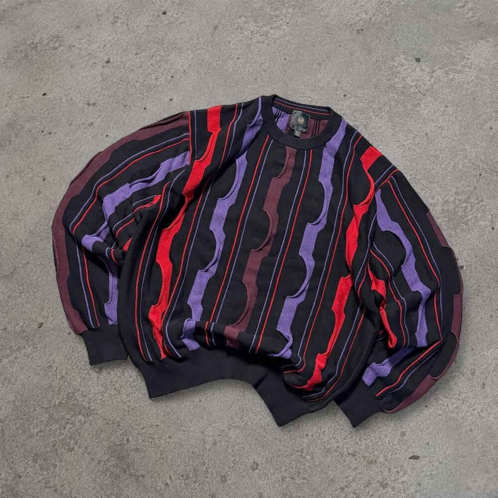 Vintage 1990’s Y2K Coogie Style Abstract Striped Sweater Size L Black Purple Red